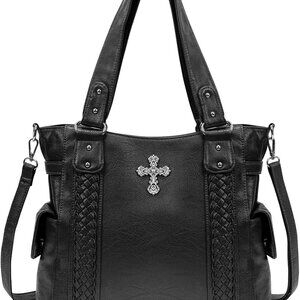 Large Black Vagen Leather Western Purse for Women with Cross Decoration & Multip